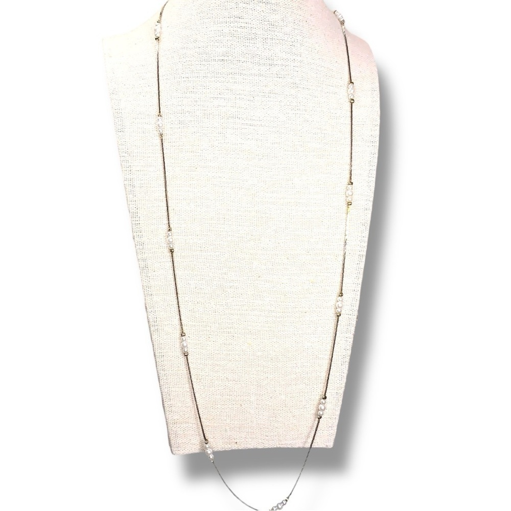 Vintage Gold Tone Faux Pearl Necklace 30” Length Classic Gift